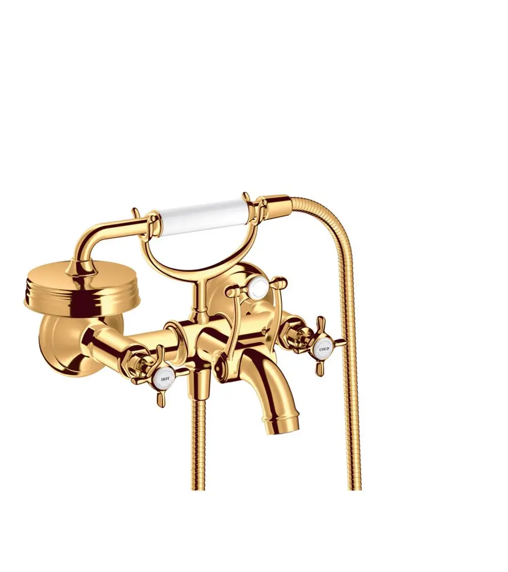 Wannenarmatur mit zwei Kreuzgriffen in poliertem Gold, ausgestattete Bedienelemente für heiße und kalte Wasserzufuhr, designed von AXOR.